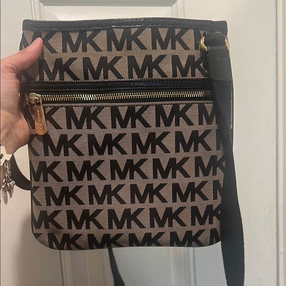 Michael Kors Black and Brown Messenger Bag with Signature Monogram